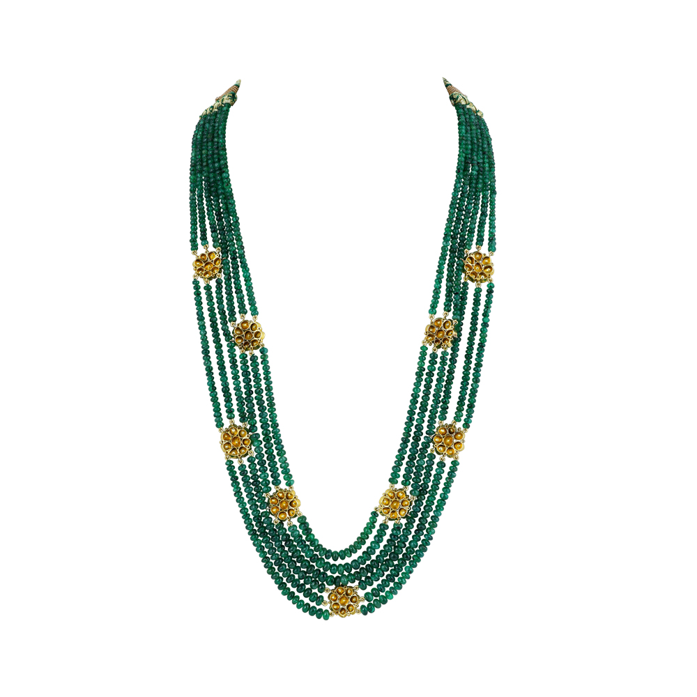 Layered Emerald Bead Necklace with Polki Floral Clusters